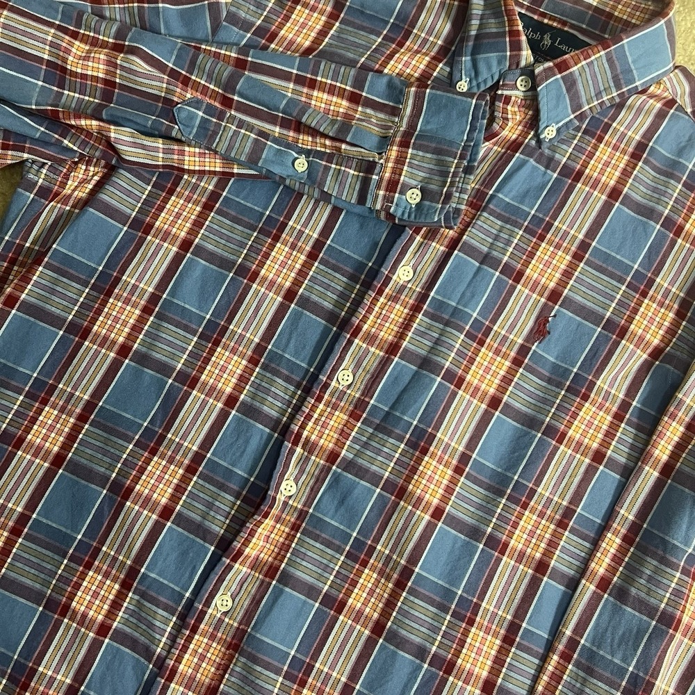 Polo Ralph Lauren Flannel Shirt Mens L Blue Plaid Custom Fit Performance Pony - Picture 2 of 8